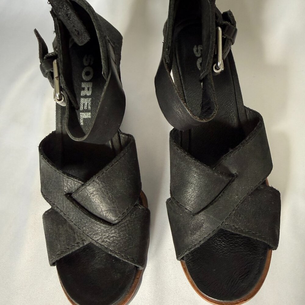 Sorel Joanie II Ankle Strap Wedge Sandals Black Leather Size 6.5